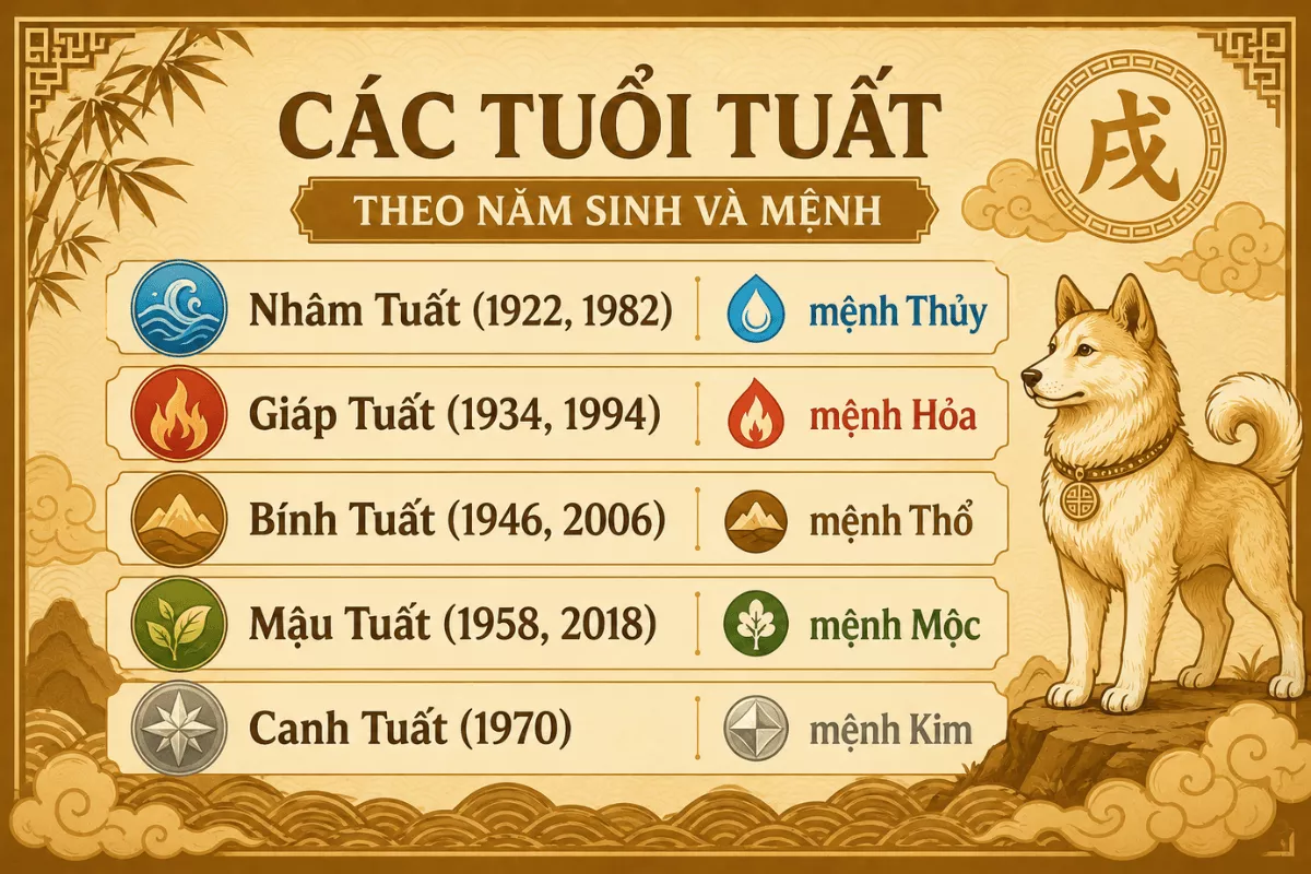 Bảng tuổi tuất 2026 theo năm và mệnh
